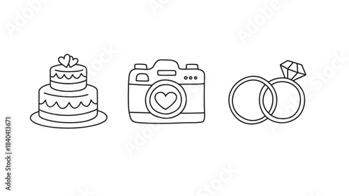 a delicate linear illustration of a wedding cake a vintage camera and intertwined wedding rings on transparent background silhouette high quality professional detailed modern elegant stylish
