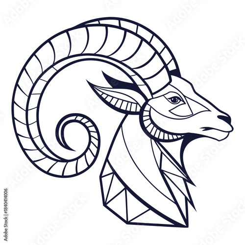 Stylized ram head with geometric patterns and swirling horns