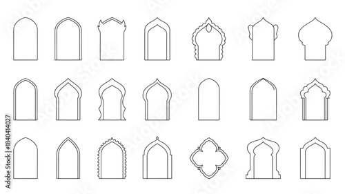 a collection of various arched window and door frame designs presented as linear outlines on transparent background silhouette high quality professional detailed modern elegant stylish clean