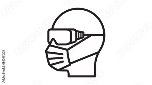 A minimalist line art depiction of a head profile wearing protective goggles and a face mask on transparent background silhouette high quality professional detailed modern elegant