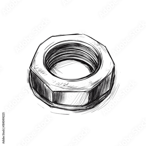 Hand-Drawn Hex Nut Line Icon Sketch Style, Monochrome Hardware, Transparent Background