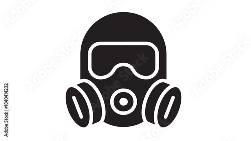 A striking black gas mask icon is displayed featuring a rounded shape and filter design on transparent background silhouette high quality professional detailed modern elegant stylish