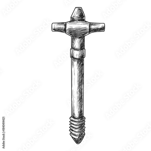 Hand-Drawn T-Handle Screw Tool Sketch Icon, Line Art, Transparent Background