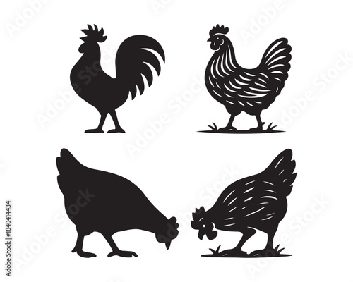 hen & rooster silhouette, hen & Chicken family, farm bird silhouettes, large tail feathers rooster, crowing rooster vector silhouette design set collection, hen silhouette, rooster silhouette