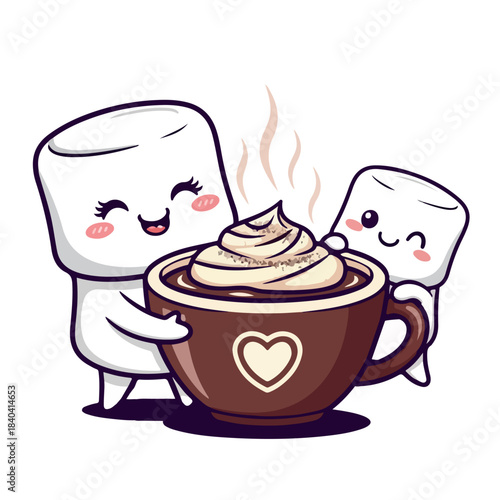 Cute vector marshmallow characters hugging cocoa cup