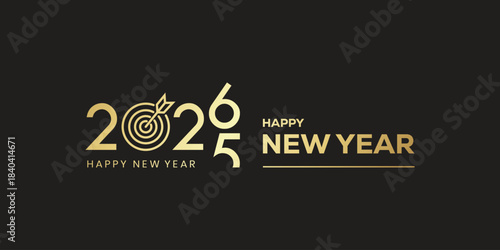 Elegant “Happy New Year 2026” typography in metallic gold on a dark background, modern festive banner design ideal for holiday greetings, party invitations, web headers.