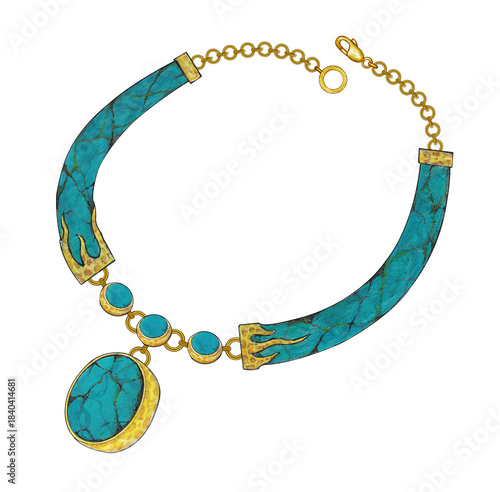 Jewelry design art gold necklace with turquoise by hand  drawn.