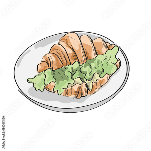 croissant sandwich with vegetable on dish illustration vector sketch with black lines