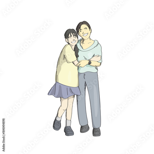 mother and daughter smiling and hugging each other illustration vector sketch with black lines