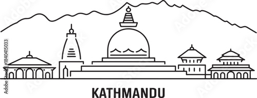 Kathmandu nepal vector skyline with mountains travel line background cityscape panorama