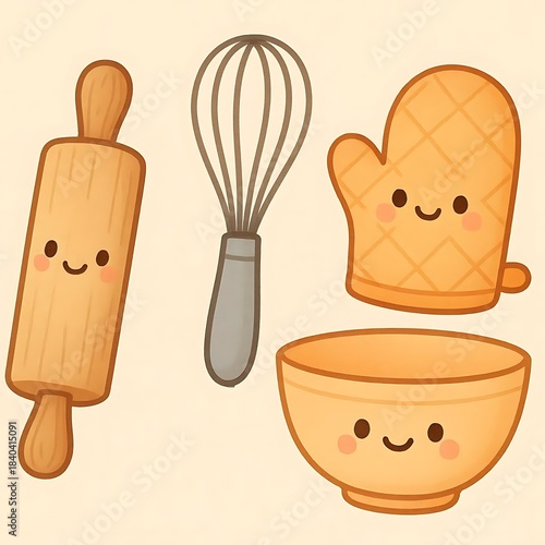 Adorable kawaii baking utensils featuring a rolling pin whisk oven mitt and mixing bowl with cute faces