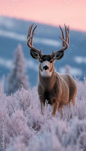 Majestic mule deer buck with large antlers standing in frosty sagebrush during pink sunrise in mountain wilderness habitat for wildlife photography.