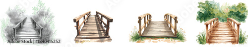 Watercolor vector set of a wooden bridge, isolated on a white background. Wooden bridge illustration.
