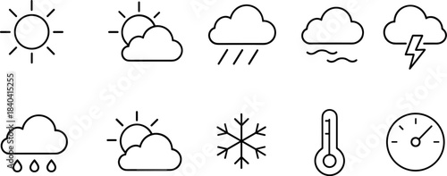Weather forecast icons set. Sun, clouds, rain, snow, wind, storm outline symbols