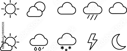 Weather forecast icons set. Sun, clouds, rain, snow, wind, storm outline symbols