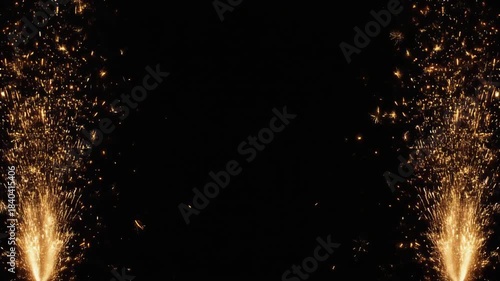 Sparkler fountains on left and right sides, glowing particles rising upward, black background with empty center for text