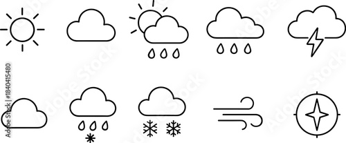 Weather forecast icons set. Sun, clouds, rain, snow, wind, storm outline symbols