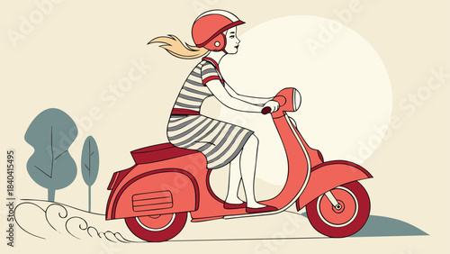 Young woman in striped dress and helmet rides a retro red scooter illustration with trees and sun