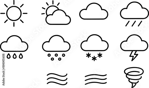 Weather forecast icons set. Sun, clouds, rain, snow, wind, storm outline symbols