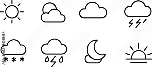 Weather forecast icons set. Sun, clouds, rain, snow, wind, storm outline symbols