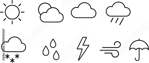 Weather forecast icons set. Sun, clouds, rain, snow, wind, storm outline symbols