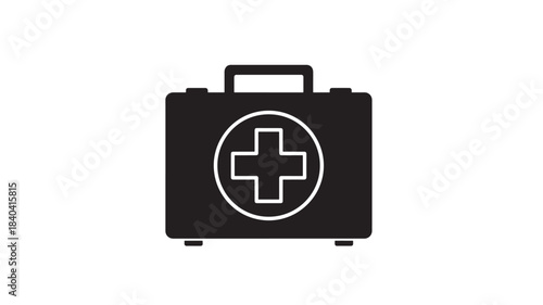 a simple black medical kit icon with a white cross symbol on the front perfect for health and safety designs on transparent background silhouette high quality