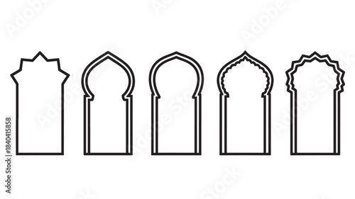 a collection of five distinct black linear archway designs displayed side by side on transparent background silhouette high quality professional detailed modern elegant stylish clean crisp