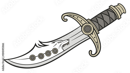 Intricate wolf head dagger with a curved blade and detailed medieval fantasy design illustration