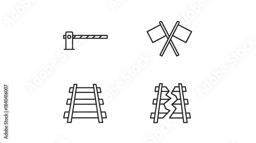a collection of railway crossing signs including barriers tracks and warning symbols in a minimalist style on transparent background silhouette high quality professional detailed modern elegant
