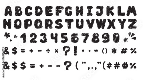 a complete set of distressed alphabet characters numbers and symbols presented as a bold black silhouette on transparent background high quality professional detailed modern elegant stylish