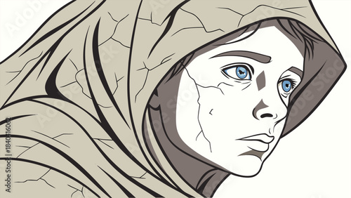 A haunting portrait of a hooded figure with cracked skin and vibrant blue eyes