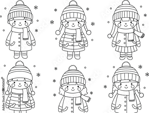 Set of Cute Children's and Girl's Clothing Items and Boots Outline Drawing Collection for Kids Fashion Vector Illustration