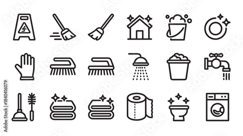 a collection of cleaning tools and supplies icons displayed in a simple line art style on transparent background silhouette high quality professional detailed modern elegant stylish