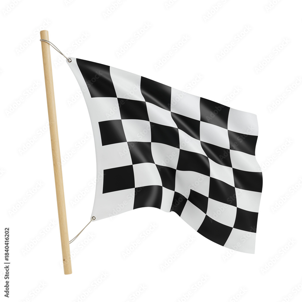 Obraz premium Waving checkered racing flag attached to a wooden pole isolated on a transparent background isolated on transparent background