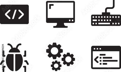 Programming and development icons set computer coding debug testing settings web design elements