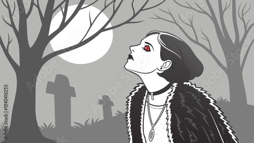 Gothic vampire gazes up at full moon in graveyard
