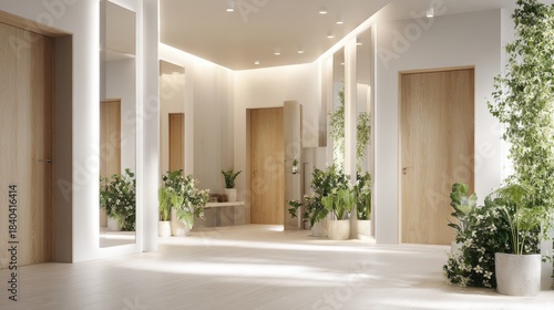Modern hallway with plants and doors