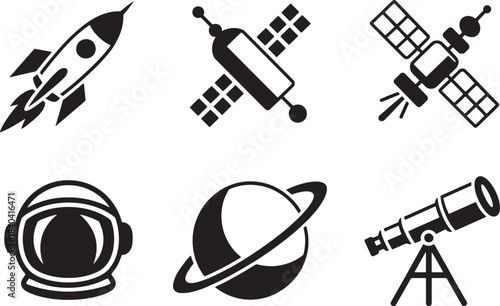 Space exploration icons set rocket satellite astronaut helmet planet ring telescope astronomy symbols