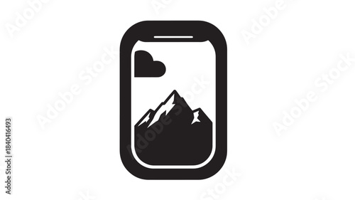 a sleek black smartphone displaying a mountainous landscape with a heart icon a modern digital illustration on transparent background silhouette high quality professional detailed elegant stylish
