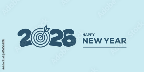 Modern “Happy New Year 2026” typography in bold blue on a light cyan background, clean minimalist holiday banner ideal for greetings, web headers, social media posts.