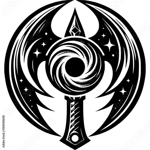 Mystical Symbol of Power: An intricate circular emblem featuring a swirling vortex at its core, surrounded by stylized wings, stars, and a faceted jewel atop a staff.