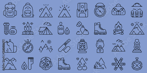 hiking icons set featuring outline vector illustrations of backpacks, tents, mountains, trails, and outdoor gear, isolated on white background, perfect for web design, travel, and adventure projects.