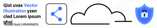 Cloud computing, data security, file sharing, online storage, secure connections, digital safety. Graphic includes a cloud, sharing icon and shield with a padlock. Cloud computing and data security