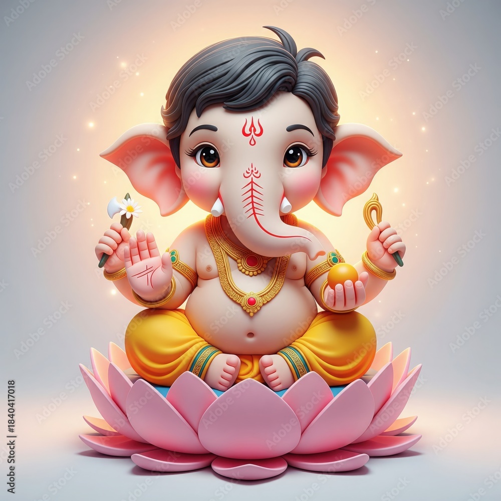 Fototapeta premium Bal Ganesha on Lotus. Cute 3D Clay Idol Illustration.