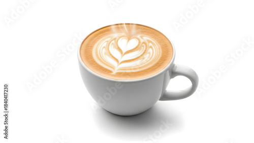Cup of cappuccino with heart-shaped latte art on white background
