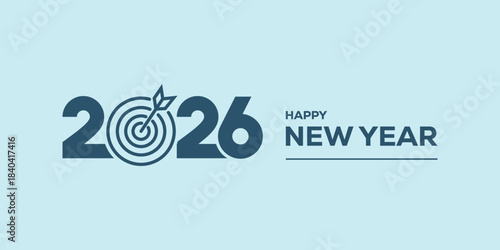 Modern “Happy New Year 2026” typography in bold blue on a light cyan background, clean minimalist holiday banner ideal for greetings, web headers, social media posts.