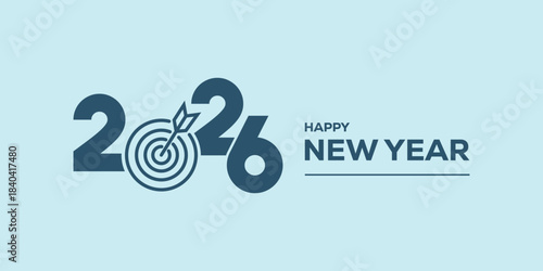 Modern “Happy New Year 2026” typography in bold blue on a light cyan background, clean minimalist holiday banner ideal for greetings, web headers, social media posts.