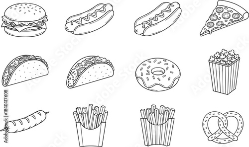 Set of Hand Drawn Vector Line Art Icons for Popular Fast Food, Featuring Burgers, Pizza, Hot Dogs, Tacos, Donuts, and Fries.