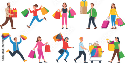 Happy shoppers, people shopping, carrying bags, gift buying, sale customers, retail consumers, shopping cart, excited buyers, flat cartoon illustration