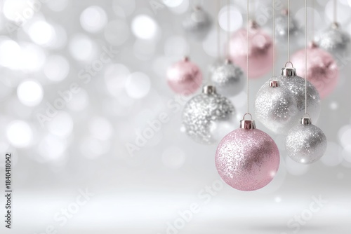 Silver and Pink Christmas Ornaments on a Bokeh Background for Holiday Decor